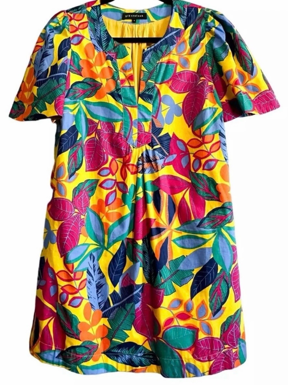 Gibsonlook Yellow Tropical Leaf Notch-Neck Tunic